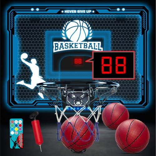 BuzzoXerex basketkorg barn inomhus, mini basketkorg för rum dörr med fjärrkontroller, 4 bollar, resultattavla, 7 färger ljus, basketleksak för pojkar flickor