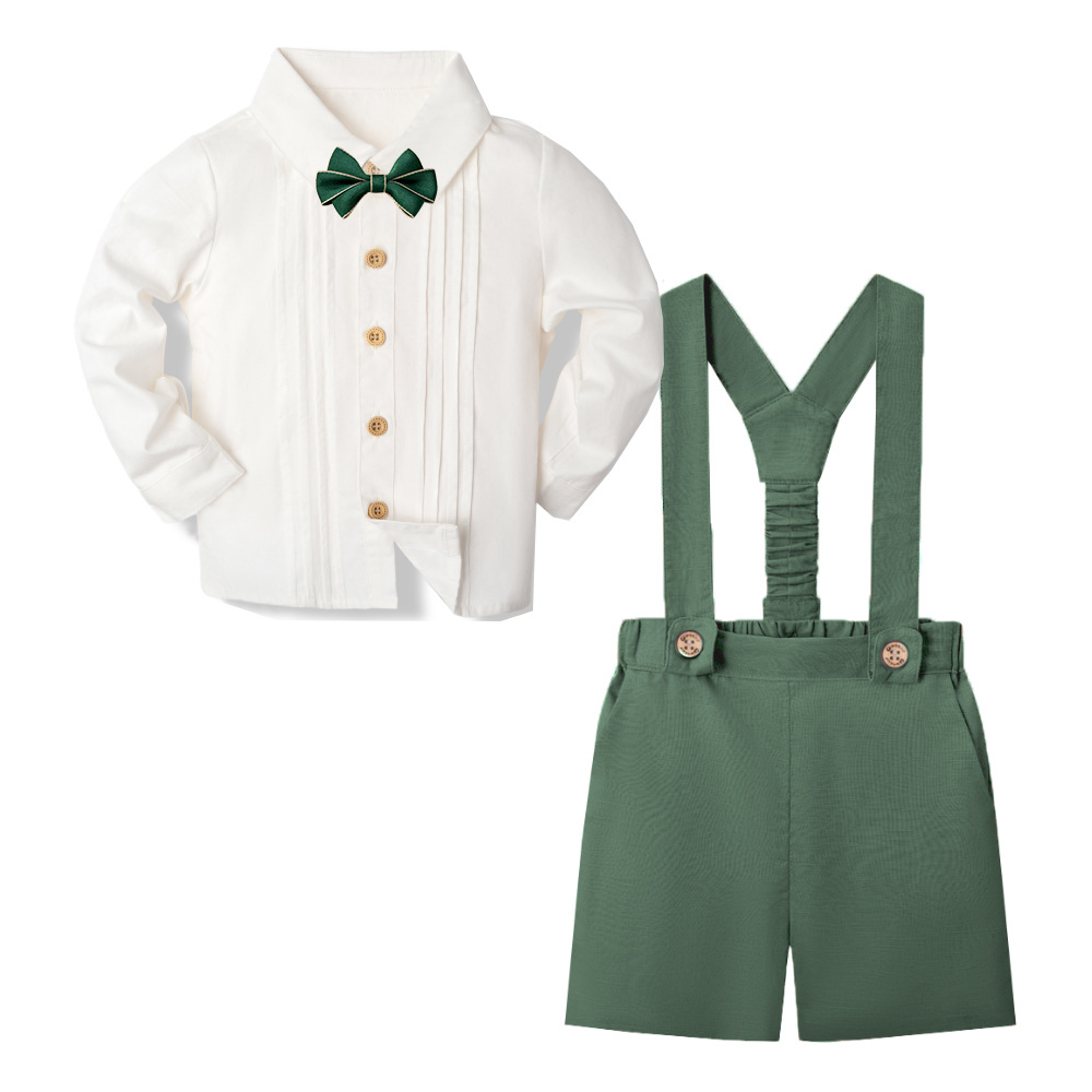 LittleDandy – Klassiskt & elegant – Bomullsshorts med hängslen, rosett & skjorta Skogsgrön (långa ärmar) / 110 (3–4 år) | Pedagogiska Träleksaker