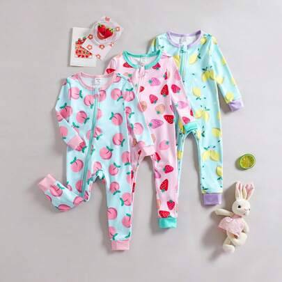 Babyflickor vår/sommar stickad rund halsringning långärmad jumpsuit, frukttryck design av persika, citron, jordgubb, färgblock, casual hemklädesset - Multifärgad (2Y,3Y,9-12M,12-18M,18-24M)