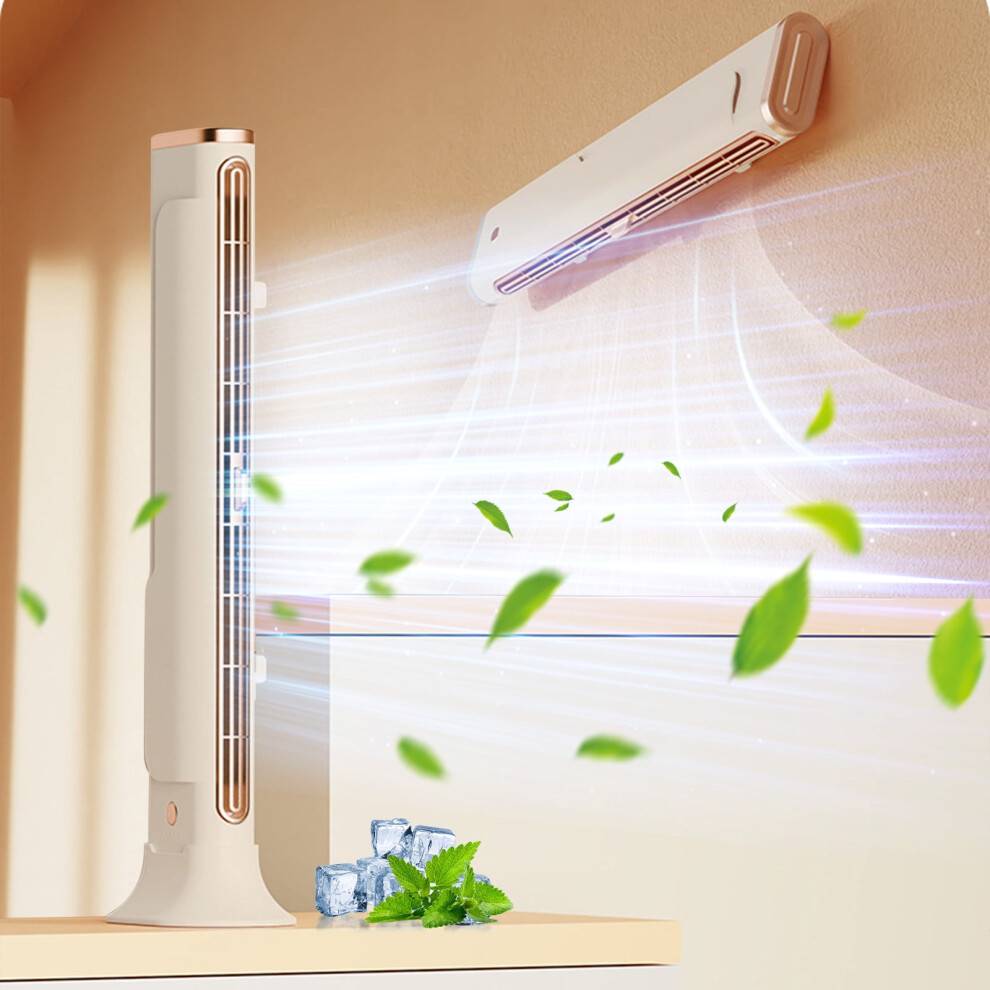 FEOLGEHLY Lille bladløs tårnventilator, stille oscillerende, USB genopladelig, 3 hastigheder, bærbar køleventilator til soveværelse/hjemmekontor