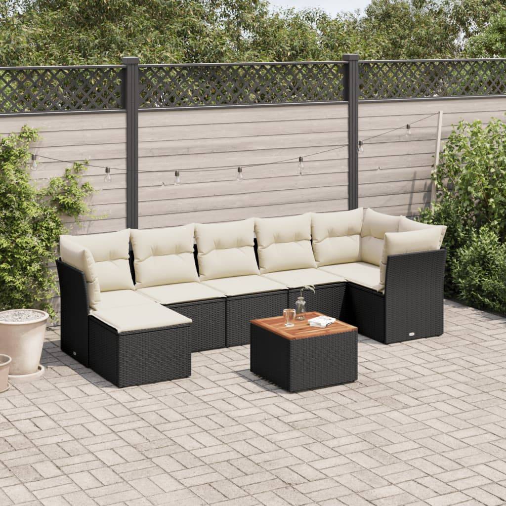 Havesofasæt 8 Dele Med Hynder Polyrattan - Sort og cremefarvet / 3x hjørnedel 3x midterdel fodskammel bord