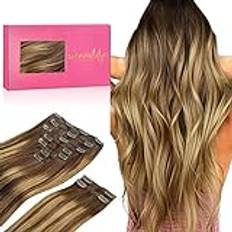 WENNALIFE Clip In Extensions äkta hår, 150 g, 60 cm, 9 st balayage chokladbrun till karamellblond, clips, hårförlängningar, clips, hårförlängning, äkta hår