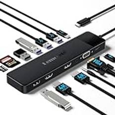 Lemorele 13-i-1 USB C dockningsstation dubbel skärm, USB C Dock USB C Hub multiport adapter trippel bildskärm till 2 HDMI 4K, VGA, 5 USB 3.0/2.0, USB C 3.0, PD, SD/TF, 3,5 mm för Lenovo, Surface,