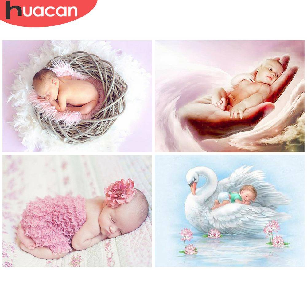 HUACAN Diamantmålning Nyfödd helrund diamantbroderi Babymosaikbild Strassmålning Diamanter Kit beige
