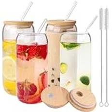 BELICOO 4-pack dricksglas med bambulock och glasstrå, 500 ml/17 oz iskaffekopp, glaskoppar med lock och sugrör och borste, dricksglas för öl, cocktail, te, colke, juice, läsk