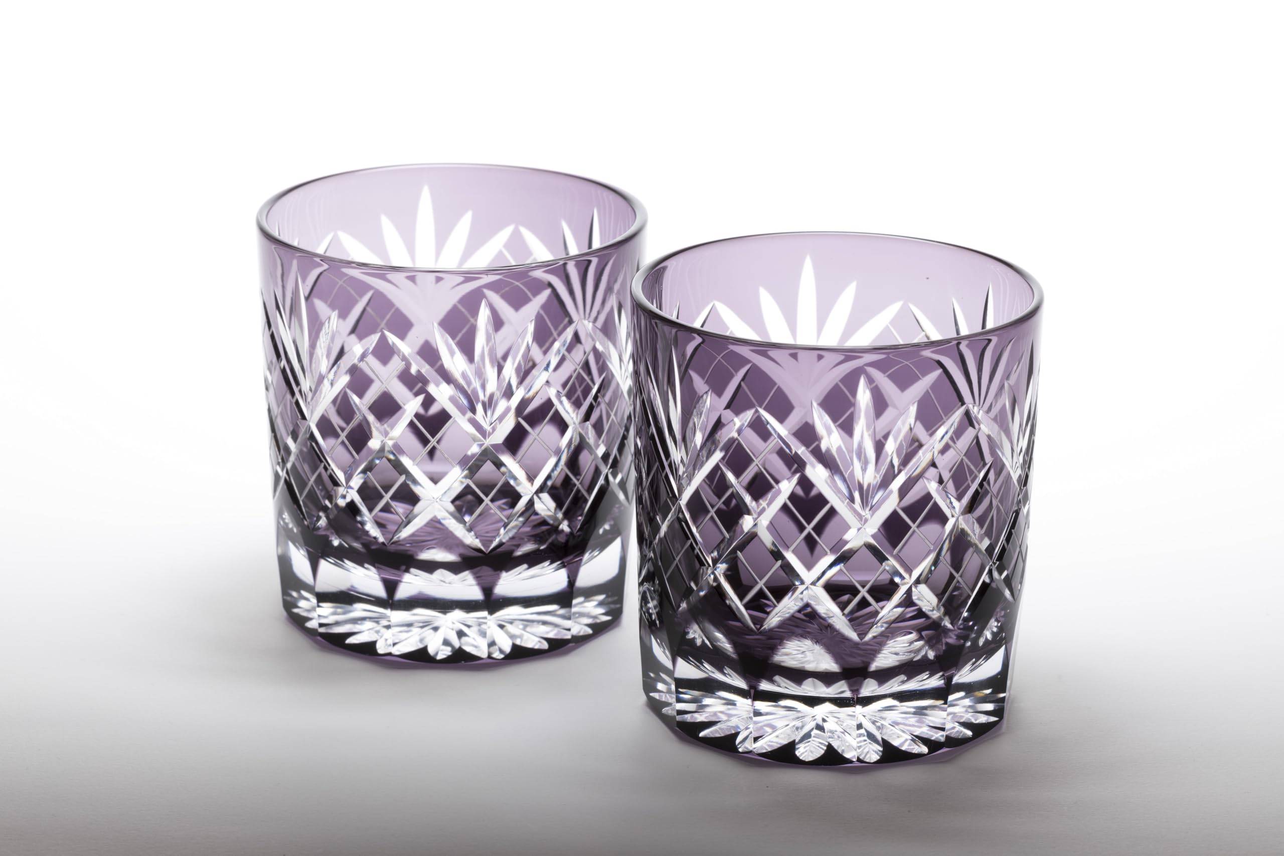 Glass Studio Saiho Edo Kiriko Shochu and Rocks Glasses, Pair, Old Purple, with Sword and Arrow Design, Made in Japan, Wooden Boxed [Classic Kiriko Gla