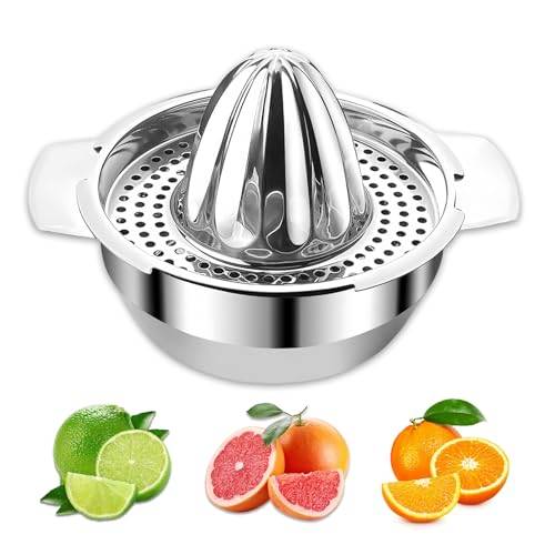 DONGDA Manuell citruspress i rostfritt stål, manuell apelsinpress med behållare, manuell citronpress för pressning av citroner, apelsiner och citrusfrukter, diskmaskinssäker (kapacitet: 450 ml)