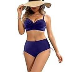 NLAND Bikini för kvinnor, tvådelad push-up baddräkt, hög midja, twist, front badmode, Marinblå, S