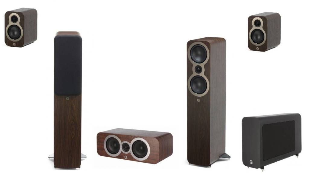 Q Acoustics Hemmabio 5.1 Högtalarpaket 3050C serie Valnöt Trä - Svart subwoofer