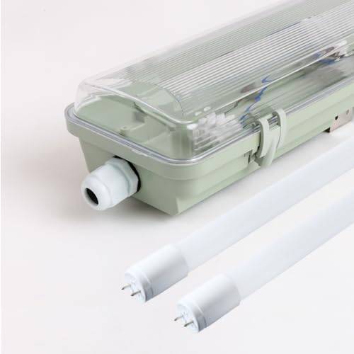 pureled LED Feuchtraumleuchte Wannenleuchte 150cm mit 2x 25W T8 Röhre 5000lm 6000K IP65… (Kaltweiß, 150cm mit LED Röhre)