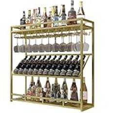 Wall Mounted Wine Rack, Modern Large Capacity Full Metal Wine Rack with Bottle Holders, 3-Tier Multi-Functional Wine Shelf, Industrial Wall Wine Racks, for Home Bar,Gold,120 * 25 * 100cm