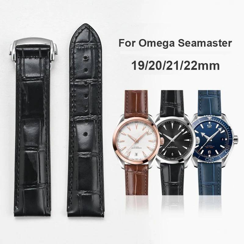 19mm 20mm 21mm 22mm Äkta Läderarmband för Omega Seamaster Speedmaster Vikspänne Vattentät Kalvskinn Klockarmband Armband gray