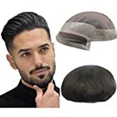 NLW Män Toupee - Human Hair Lace Med Mono Round Hair Replacement System för Män (#1B 9 * 6)