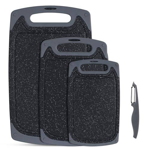 SKERITO Schneidebrett kunststoff 3er-Set für die Küche,Schneidebretter mit Saftrillen&Rutschfeste Griffe Schneidbrett BPA-Free Cutting board Küch küchenbrett Frühstücksbrettchen Schwarz