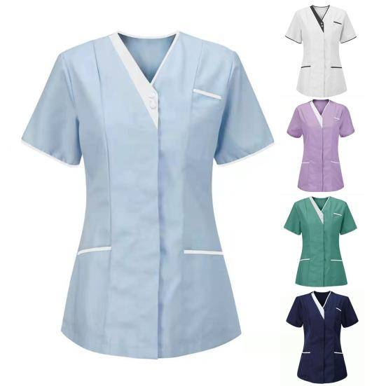 Sjuksköterska Uniform Scrubs Toppar Dam V-ringad Kortärmad Fickor Overall Uniformer Patchwork Färg Omvårdnad Arbetskläder Arbetskläder cm vit