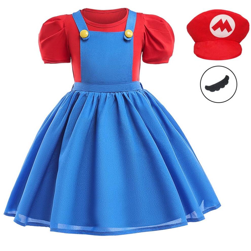 (top+dress+hat+beard, 100CM/3-4T) Princess Mario Costume for Girls,Super Brothers Cosplay Halloween Party Dress Up
