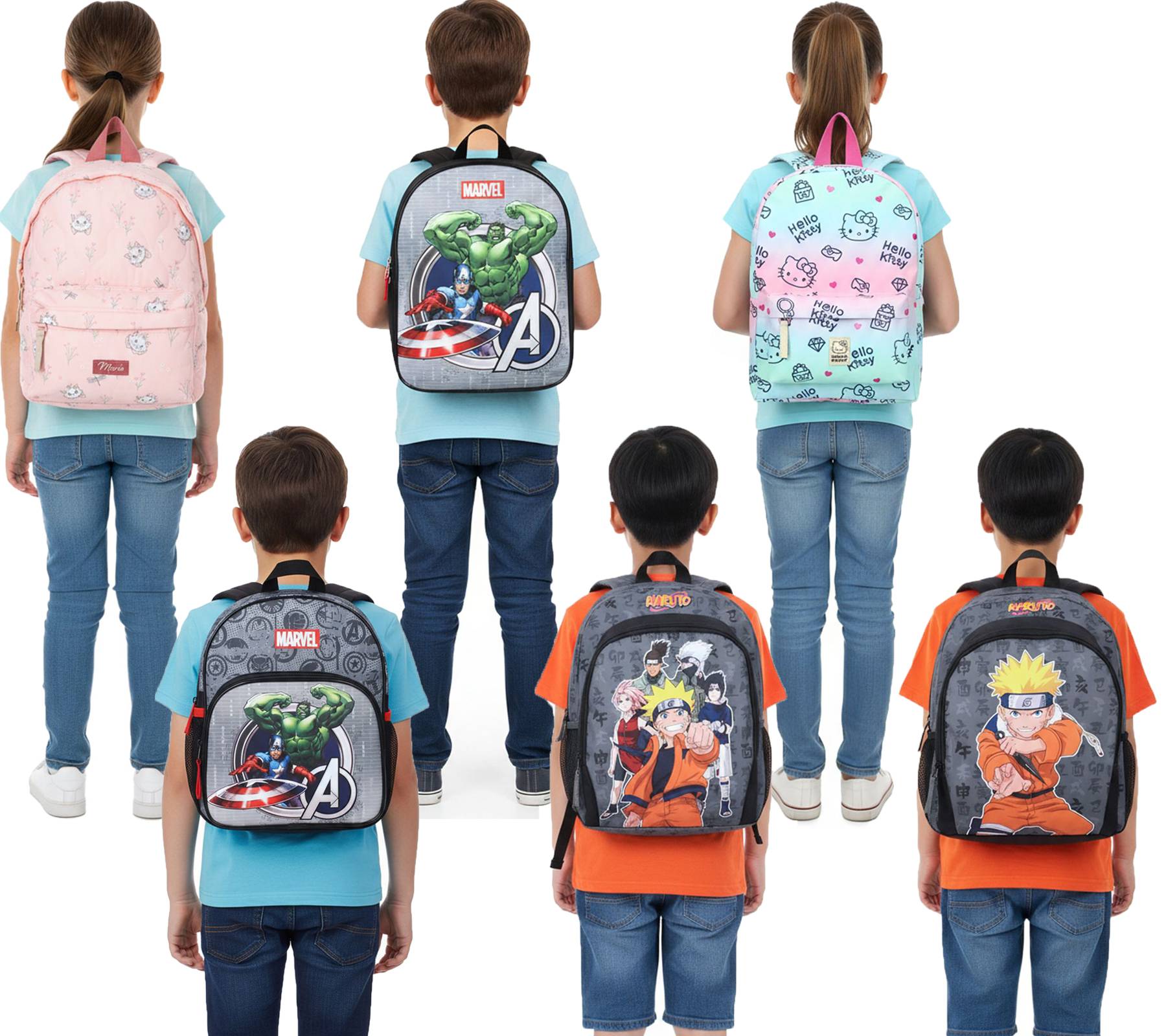 VADOBAG Kinder Rucksack für Mädchen und Jungen mit Hello-Kitty, Marie, Avengers, Naruto oder Captain America Print Kindergarten-Rucksack 5-8 L Rosa, Blau, Grau oder Schwarz