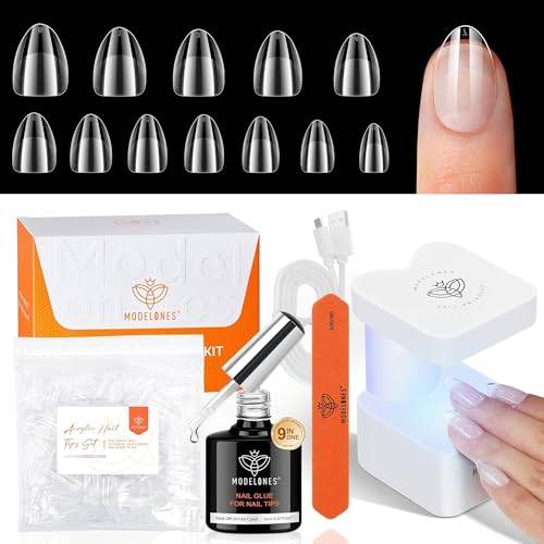 modelones Nageltips och Glue Gelkit, extra kort mandel full cover nail tips set, 9-i-ett nagellim & UV-lampa liten, 216 st 12 storlekar nageltips set för nagelförlängning gör-det-själv salong gåvor