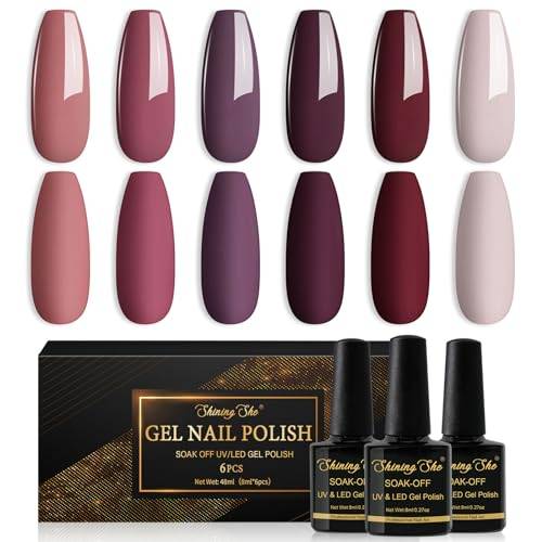 Shining She halvpermanent nagellack, 6 färger, mörkröd, mörklila, brun, röd, halvpermanent nagellack, mörk serie, UV-/LED-gelnagellack, höst och vinter, manikyr, konst, 8 ml