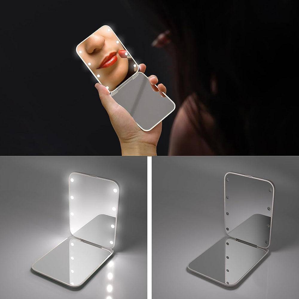 1Pc White Foldable Led Illuminated Makeup Mirror Handheld Travel Mirror For Gift