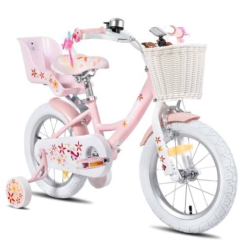 Joystar Enhörning 12-tums barncykel för 3–5-åriga flickor, med dockcykelsäte, stödhjul och korghållare, rosa
