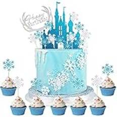 HCRXVV Slott, tårtdekoration, flickor, frost, glitter, födelsedagsdekoration med snöflinga tårtfigur, isblå silver kupa, tårta toppare för barn, juldekorationer, tårtdekoration, julkaka, dekoration