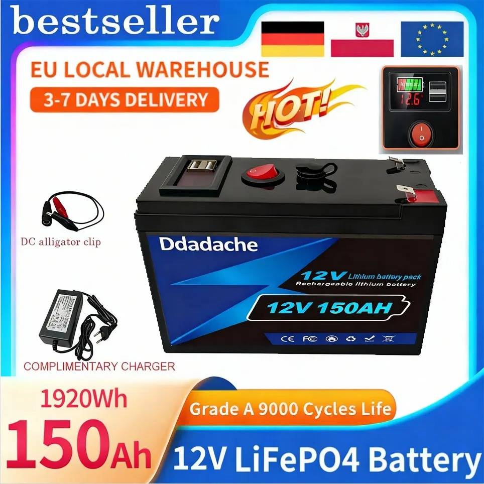 12V 150Ah Lithium LiFeP04 Battery for Solar Charging,Fish Finder Marine Outdoor Camping Off-Grid Applications with USB Port🧰