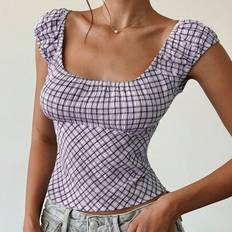 Damer Casual Pläd Cross-Cross Back Tie Blus, sommar - Mauve Lila (L,M,S,XS)