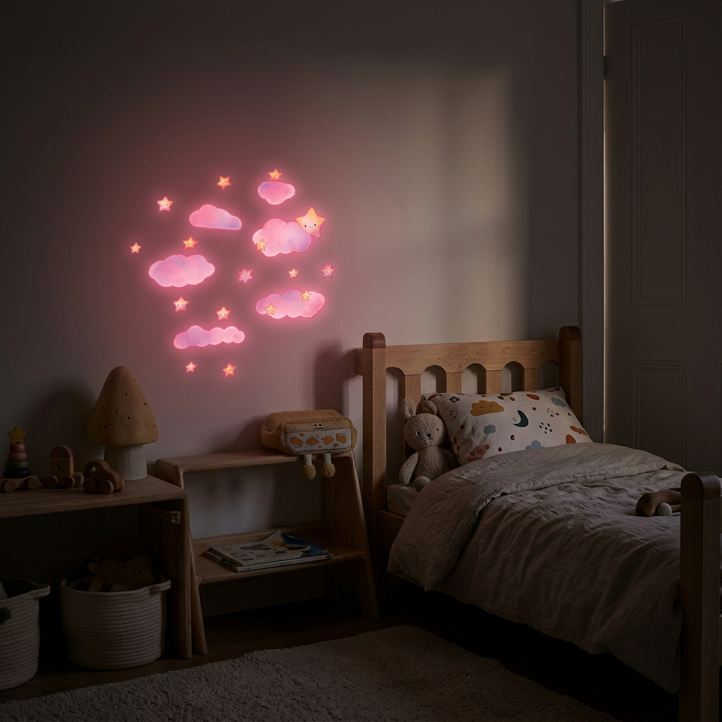 Självlysande väggdekal med moln och stjärnor - Rosa
