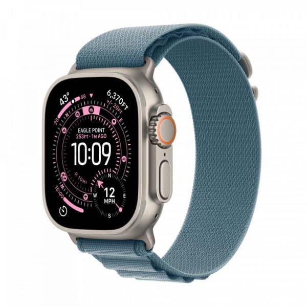 Apple Watch Ultra 3 (GPS + Cellular) 49 mm naturvit titanhus och ljusblå Alpine-armband, medelstor