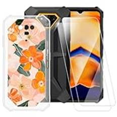 ESACMOT Orange blommönster fodral kompatibelt med Ulefone Armor X13 + [2-pack] skärmskydd härdat glas, stöttåligt fodral för Ulefone Armor X13 (5,5 tum)