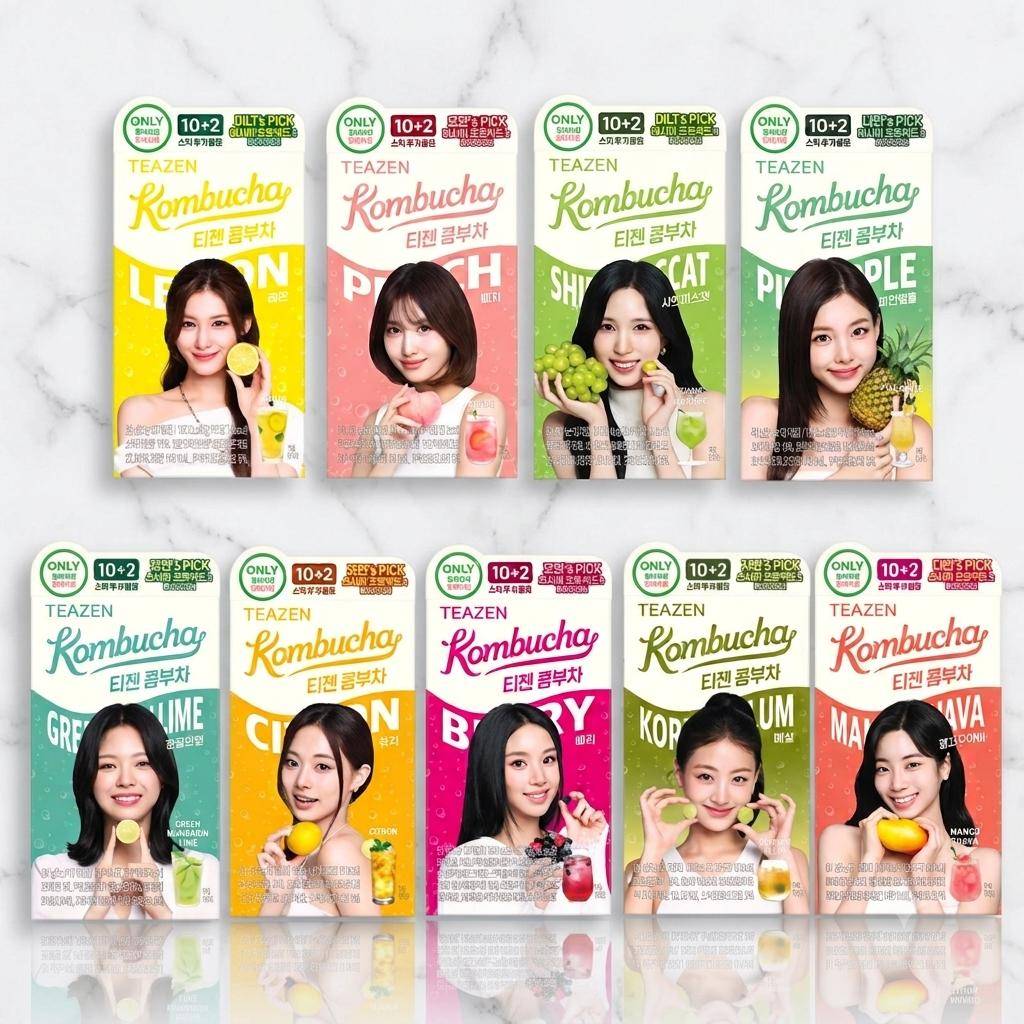 TEAZEN Kombucha Stick 10+2-pack (9 smaker) - Koreansk Fruktteblandning Noll Socker med Recept Fotokort