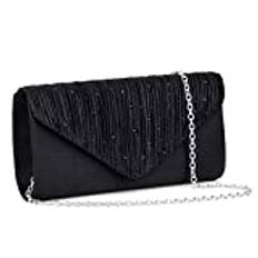 OSDUE Clutch väska för kvinnor - Svart Clutch-ceremoni väska med kedja Svart Clutchväska, Rhinestone utsmyckad och veckad i satäng, metallisk spärr och avtagbar kedja Party-axelväskor (svart)