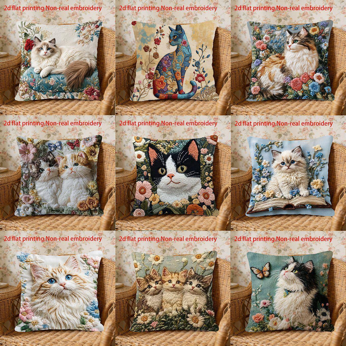 Vintage Blommig Katt Kuddfodral 2D Falsk Broderi Linne Kort Plysch Dekorativt Kuddfodral för Soffa Heminredning gray