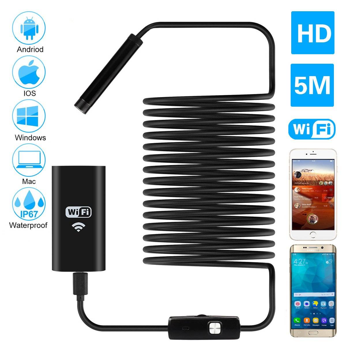 Wifi endoskop kamera mini vattentät mjuk kabel inspektionskamera 8mm 1m usb endoskop borescope ios endoskop för iphone