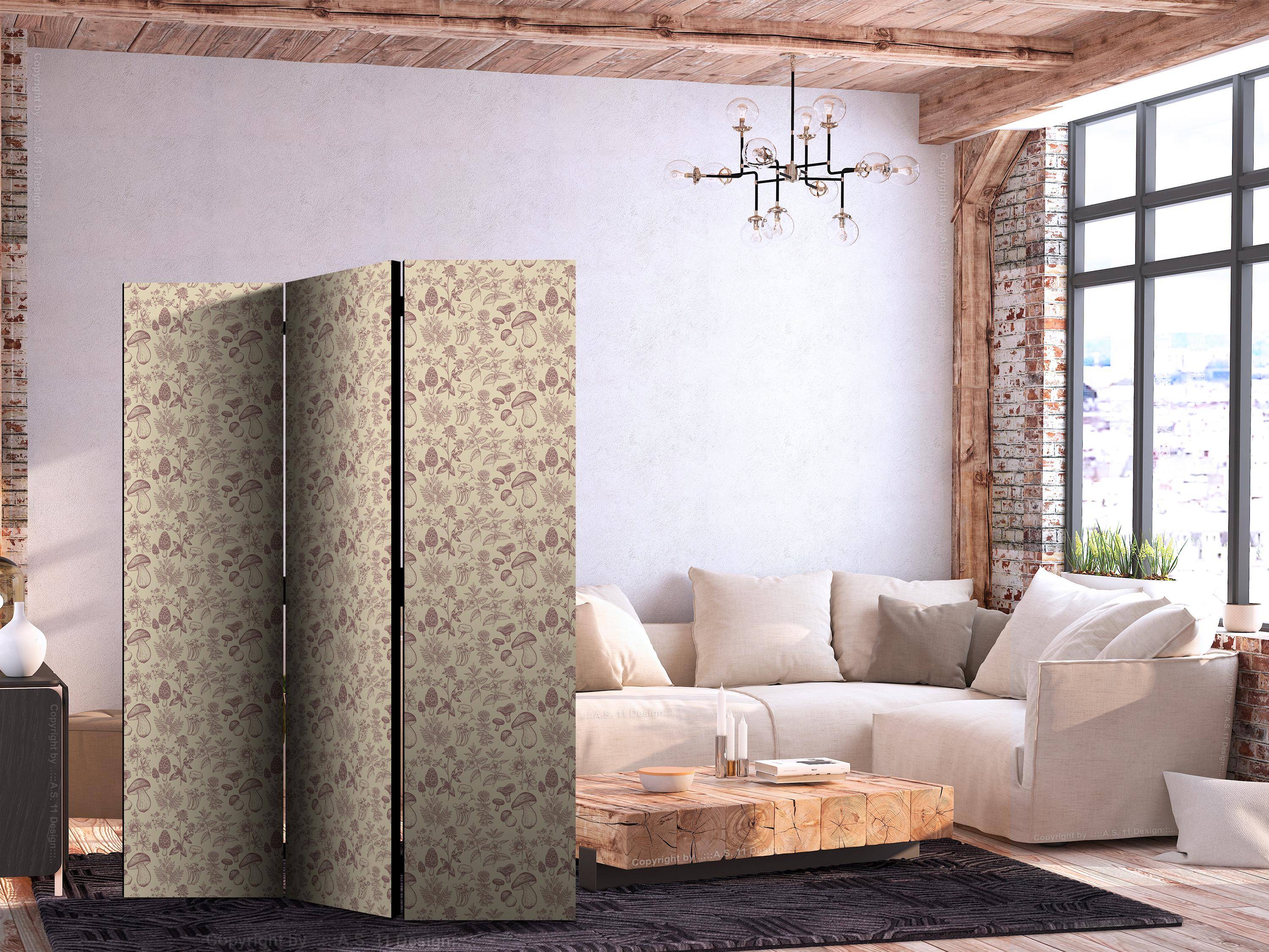 Skærmvæg beige med svampe, blomster og urter - 3 paneler - 135 x 172 cm - Akustik