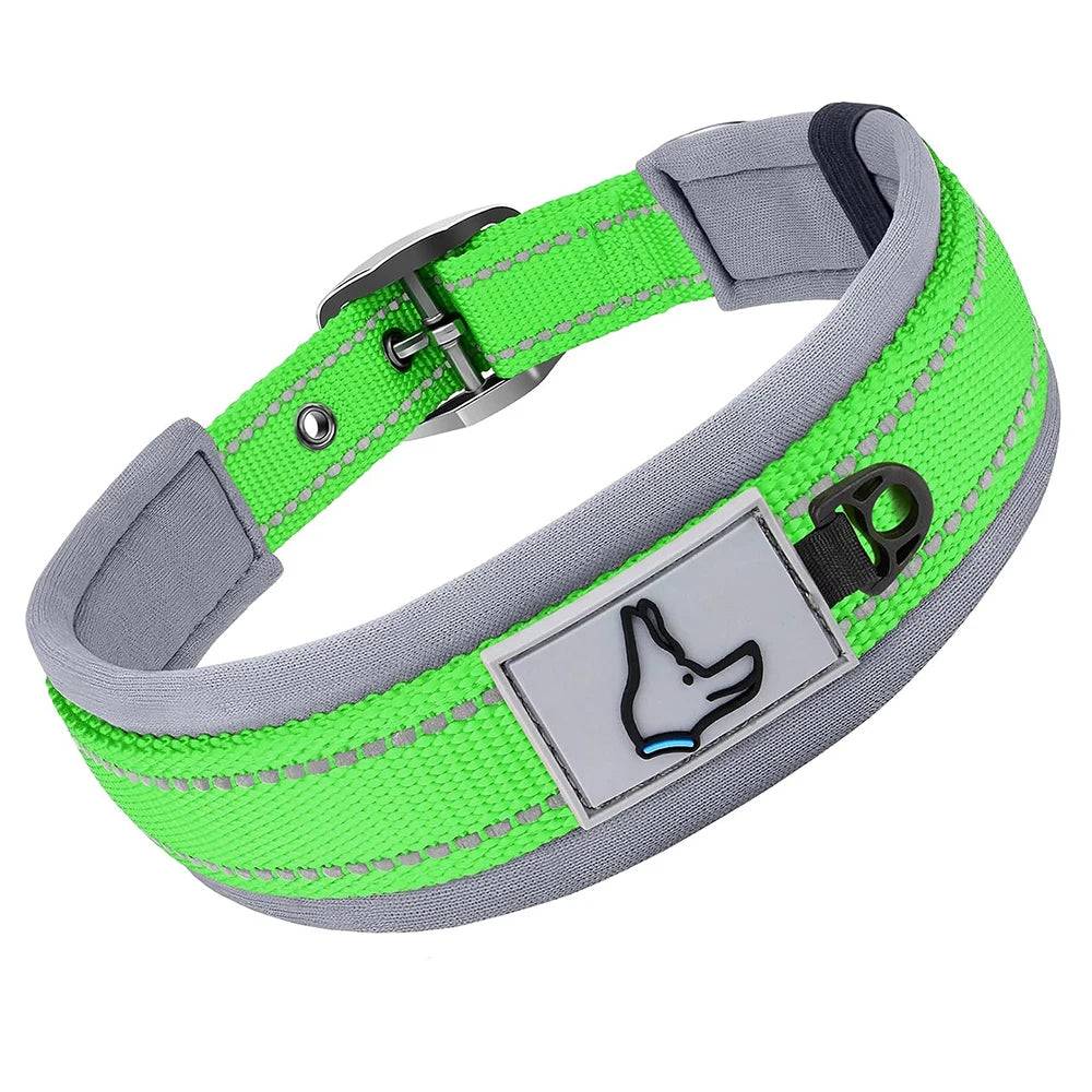 Padded Reflective Nylon Dog Collar – Adjustable for Small, Medium & Large Dogs - Green / L (L)