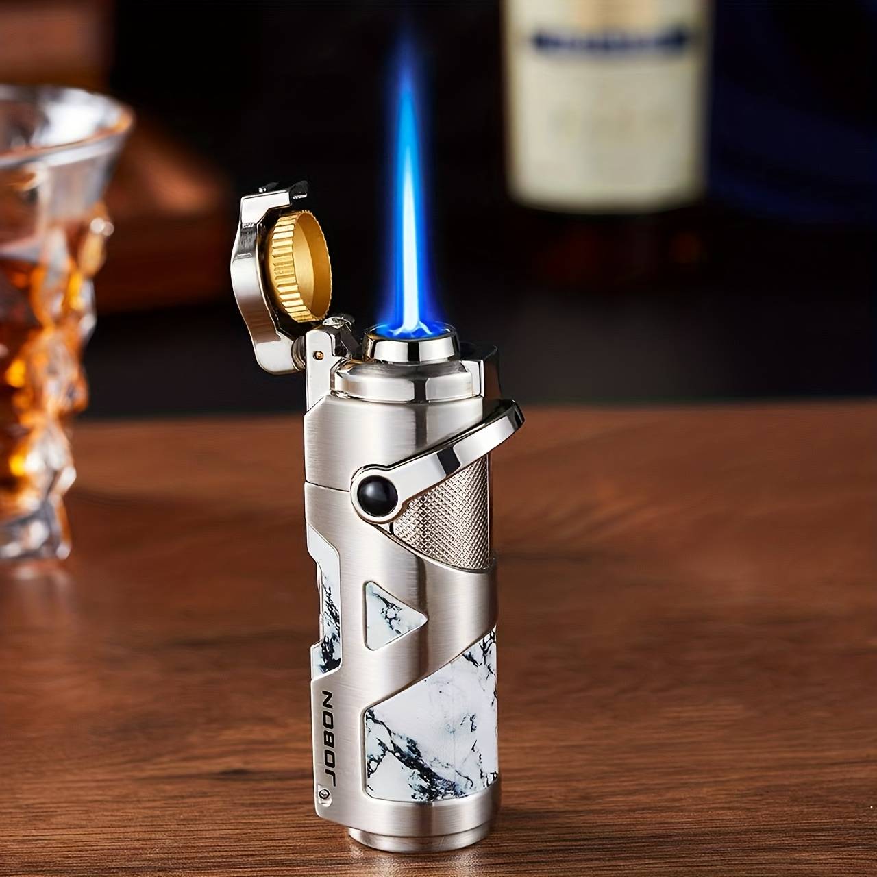 TEMU (not Included Butane) 3-in-1 Metal Lighter, Windproof Refillable Butane Flame Lighter With Lid, Including Punch And Draw Enhancer, Made Of Alloy For Candle