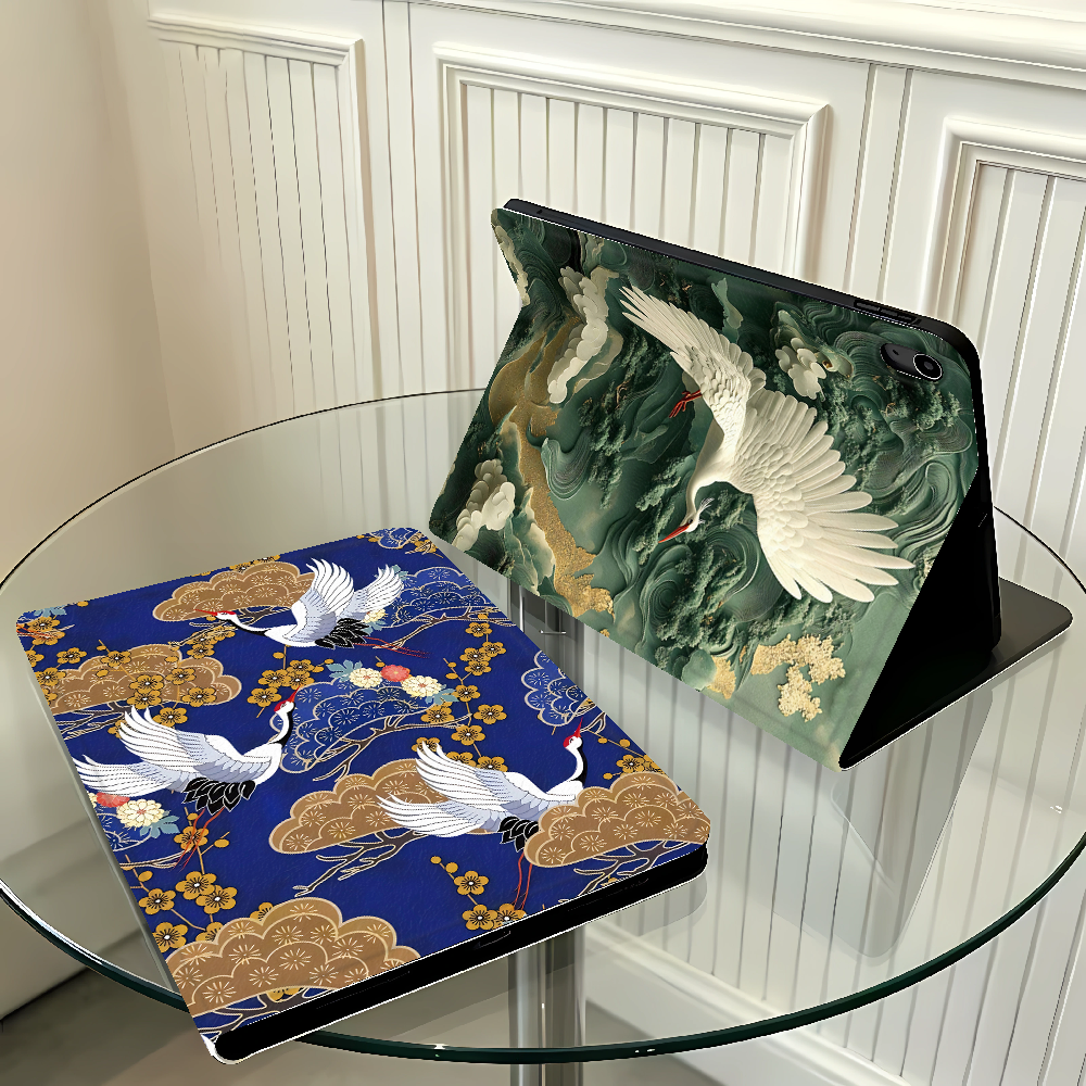 Cloud Crane Pattern Case for Apple iPad 10th 7/8/9th Pro11 13 Air 11 13 M4 M3 M2 A16 2026 With Pencil Holder Air 4/5/6th