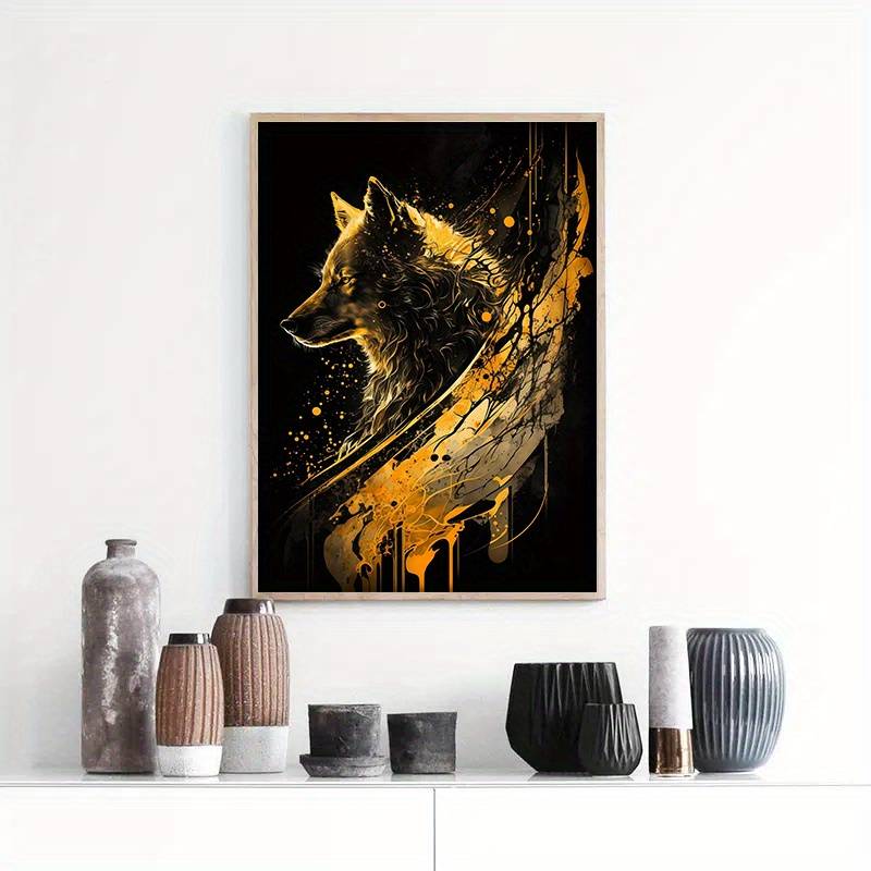 TEMU 1pc Frameless Bear Eagle Wolf Canvas Painting, Black And Golden Poster, Watercolor Wall Art, Print, For Living Room Kids Bedroom Home Decor, No Frame
