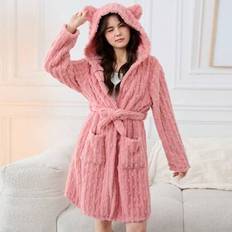 Teen Girls Cute Coral Fleece Reversible Jacquard Vertical Striped & Polka Dot Long Sleeve Hooded Robe With 3D Ears Design, Autumn Winter