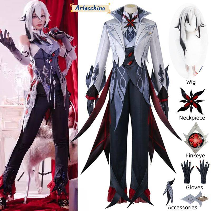 Arlecchino The Knave Cosplay Kostym Genshin Impact Fatui Harbinger Peruk Set Tjänare Snezhnaya Halloween Kostymer För Kvinnor cm