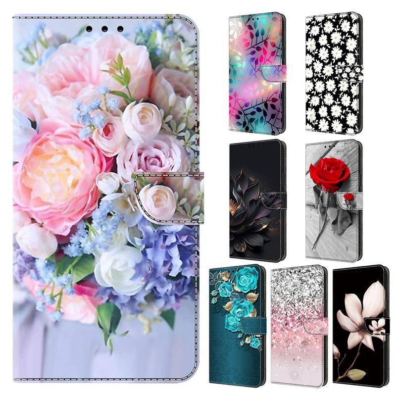 Flippfodral i läder för IPhone 6 7 8 X XS XR 11 12 13 14 15 Mini Pro Max Blommönster Målad Plånbok Telefon IPhone15 14 Plus