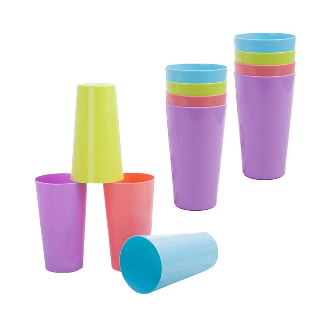 12-pak 9oz ubrydelige plastikglas, genanvendelige og stabelbare, tåler opvaskemaskine/mikrobølgeovn, 4 farver, kompatibel med standard kopholdere