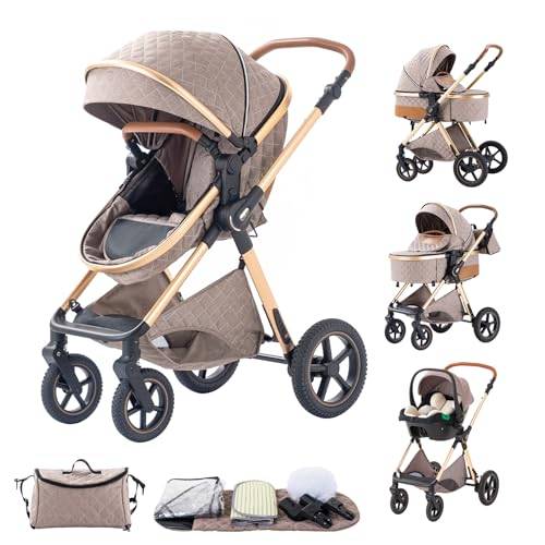 BEBBY Multifunktionell Barnvagn Trio Kombination 3-i-1 Hopfällbar Nyfödd Säte Fotstöd Myggnät H2-KHAKI