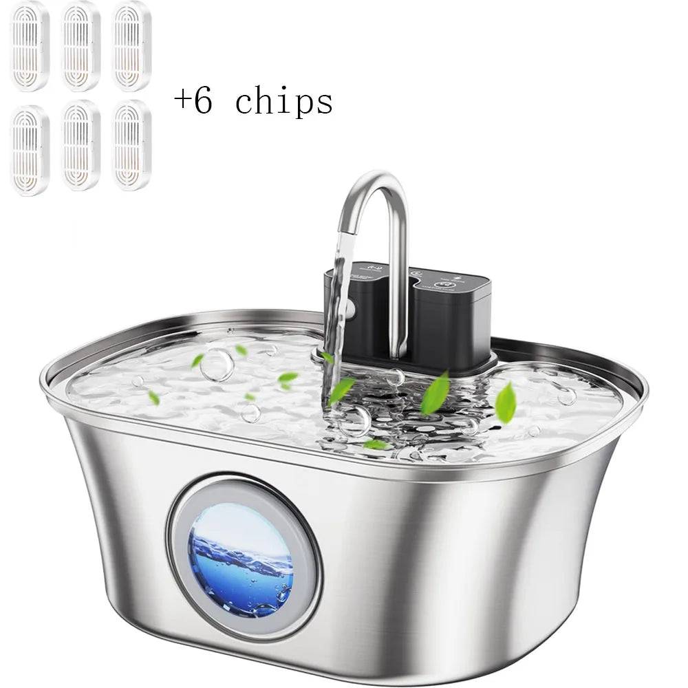 3.2L Stainless Steel Pet Water Fountain – Wireless Charging with Water Level Window - Fountain-6 chip / L / 3L (L)