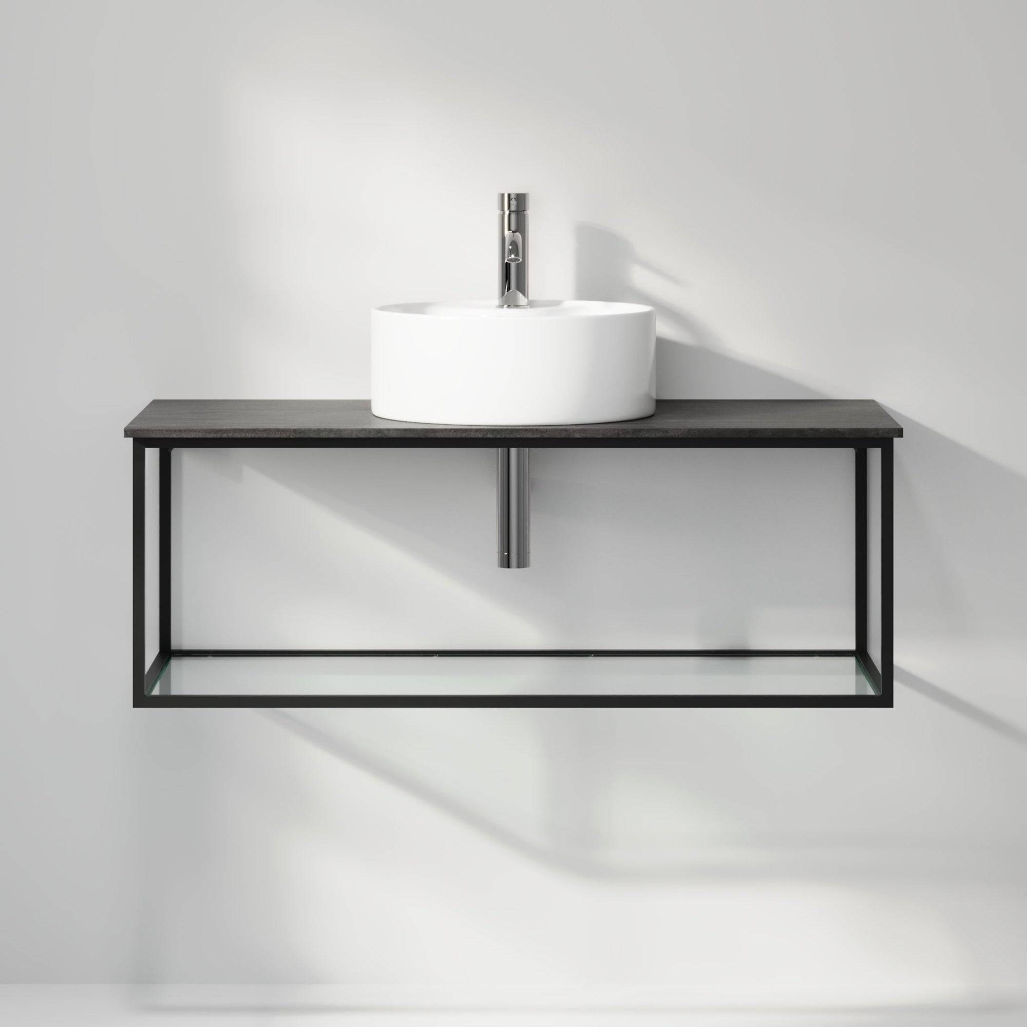 Badrumsmöbel med öppen metallram och botten i härdat glas - 100x46x50 cm - matt svart - vit fristående Porslin tvättställ - Bänkskiva i betonglook - Stenstorp