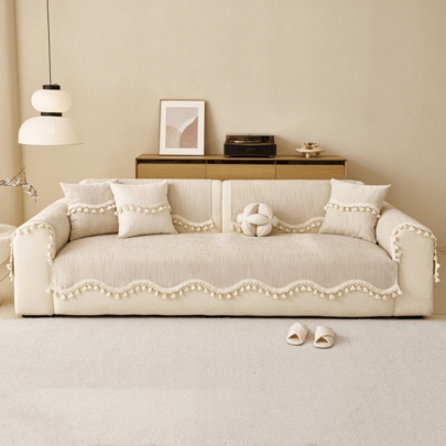 1 st soffkuddfodral i chenille i enfärgad fransk krämstil, sofföverdrag för alla säsonger, kattrepsbeständigt och husdjursvänligt, med tofsfrans och v - Kaki (Multi-size)