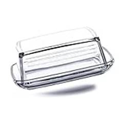 Kerafactum Smörburk av glas, högkvalitativ, klassisk burk, smörskål, smörlåda med lock, smörklocka för bästa smör, ost, transparent, rektangulär, aromlock, smörbehållare diskmaskinssäker