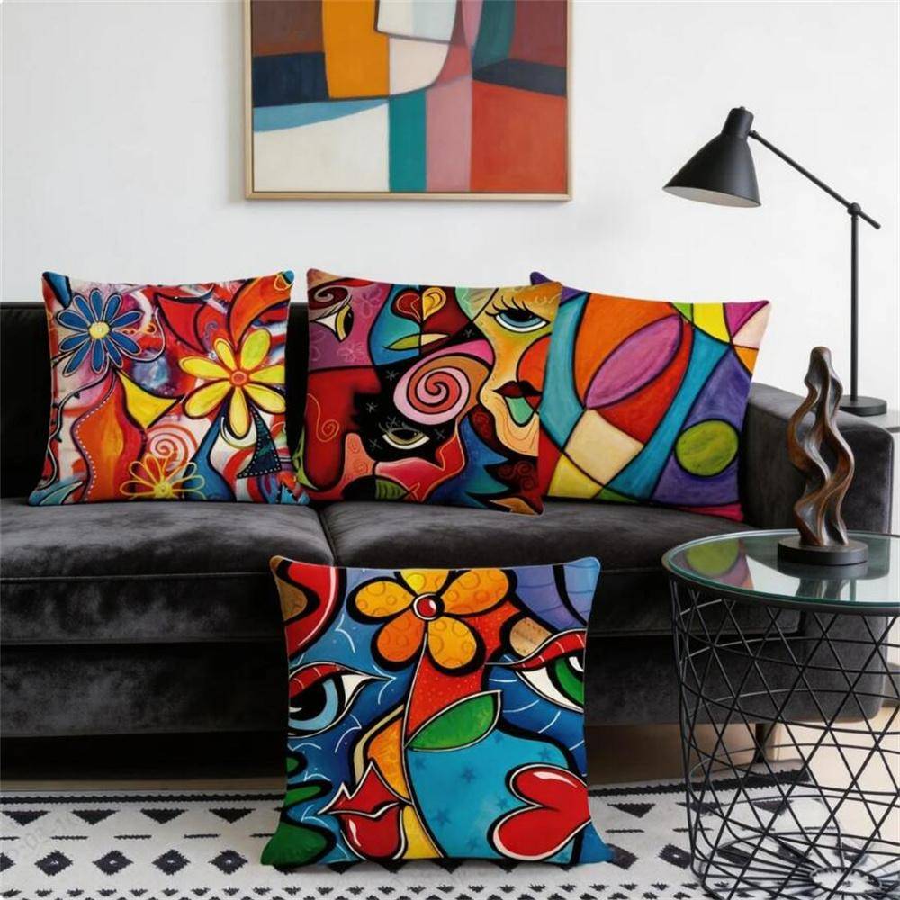 4-delat Set Vintage Abstrakta Kuddfodral - Linne, Utan Fyllning - Perfekt För Soffa, Säng, Bil & Vardagsrumsdekor